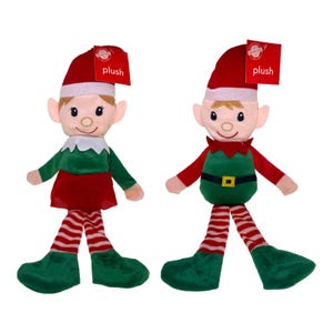 Può includere: Due elfi di Natale in peluche con gambe a strisce rosse e bianche, cappelli verdi e scarpe verdi. Gli elfi indossano abiti verdi e rossi con un bordo bianco. L'etichetta su ogni elfo recita "peluche".