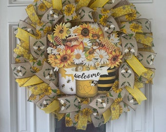 Bee and Sunflower Welcome Farmhouse Mesh Ribbon Spring & Summer Wreath, Country Style Mason Jar Front Door Hanger, Handmade Home Decor