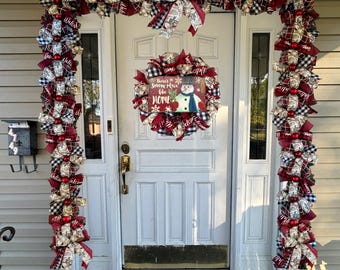 Buffalo Plaid Check Let it Snow Snowman Deco Mesh Ribbon Christmas Wreath or Garland, Front Door Hanger, Home Decor, Porch Decoration, Gift