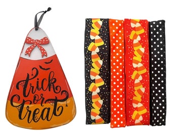 Halloween Candy Corn Wreath Kit - &quot;Trick or Treat&quot; Sign & Coordinating Ribbons Bundle for Spooky DIY Decor - Karla’s Klever Krafts