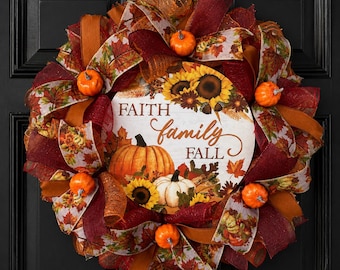 Faith Family Fall Wreath, Pumpkin Front Door Wreath, Christian Fall Decor, Farmhouse Autumn Wreath, Thanksgiving Door Decor