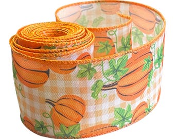 Orange Gingham Pumpkin Ribbon Wred 2.5” - Fall Farmhouse Rustic  Autumn Craft Supply DIY Home Decor