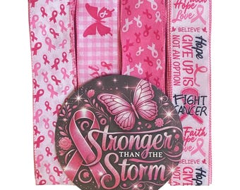 Breast Cancer Awareness Wreath  or Complete Wreath Making Kit – Pink Ribbon Sign + Wired Ribbons | Stronger Than the Storm DIY Wreath Supply