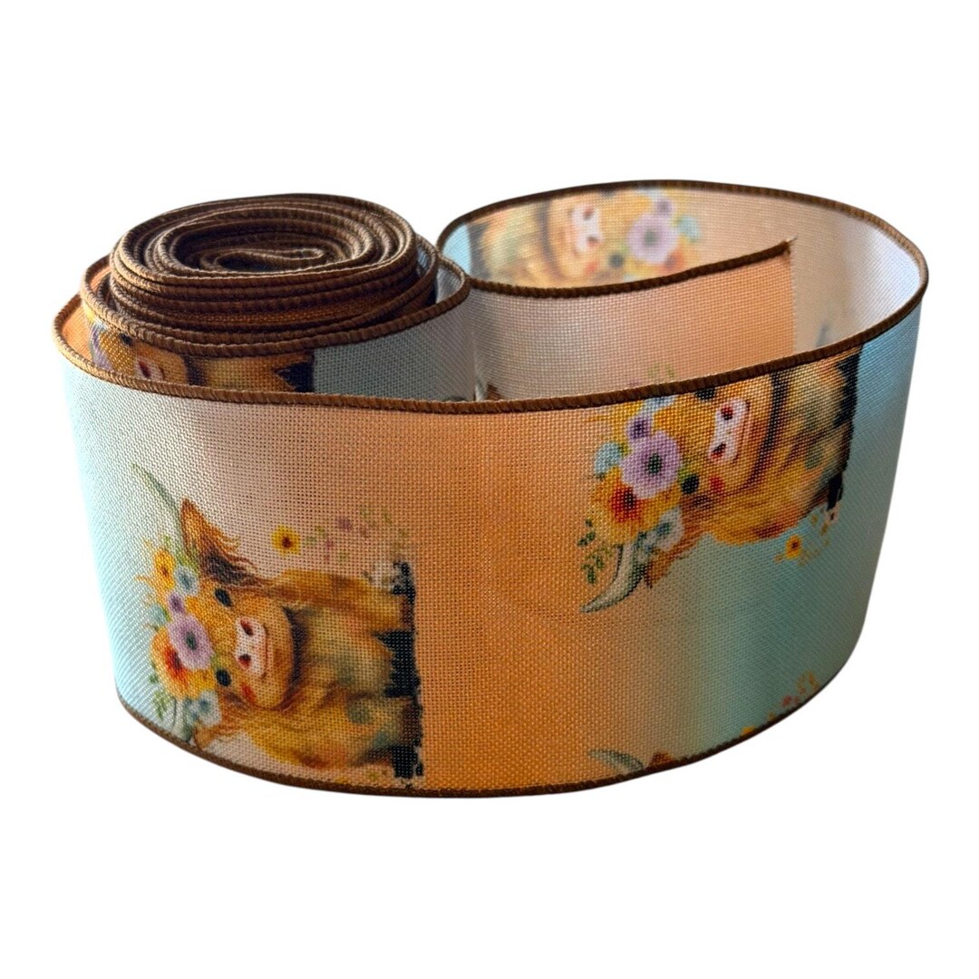 Cow Ribbon Ramo Highland Cow Wired Ribbon, 2.5 Inch Farmhouse Cow Ribbon, Blue Western ...