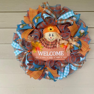 Scarecrow Welcome Fall Wreath for Front Door – Handmade Autumn Mesh Wreath with Plaid Ribbon & Cute Scarecrow Sign – Harvest Decor