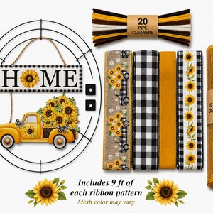 Zonnebloemkrans voor vrachtwagen | Herfstkrans voor thuis | Zelfgemaakte boerderijkrans | Zonnebloemdecoratie met buffelruitpatroon | Herfstknutselpakket Complete Wreath Kit