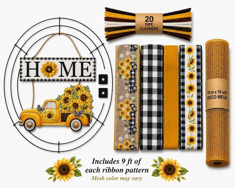 Zonnebloemkrans voor vrachtwagen | Herfstkrans voor thuis | Zelfgemaakte boerderijkrans | Zonnebloemdecoratie met buffelruitpatroon | Herfstknutselpakket Complete Wreath Kit