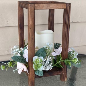 Rustic Floral Lantern with LED Candle | Light, Dark, or White Wood | Soft Pink Green Flowers | Boho Wedding Centerpiece | Spring Decor
