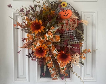 Fall Grapevine Wreath, Autumn Floral Wreath, Fall Flower Wreath, Pumpkin Scarecrow Wreath, Fall Door Hanger, Autumn Home Decor