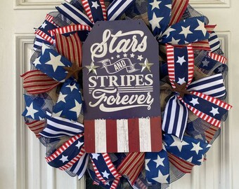 Patriotic Stars and Stripes Wreath, 4th of July Front Door Decor, Red White Blue Mesh Wreath, Americana Summer Wreath, Memorial Day