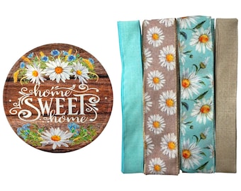 Daisy Home Sweet Home-kransset, boerderij zomerkransset, deurdecor met blauwe bloemen, bundel bord en lint, DIY-kransset