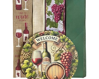 Wine Wreath – Vineyard Welcome Sign & Ribbon Bundle | DIY Wreath Supplies Kit | Wine Lover Gift | Finished Wreath or Kit Available