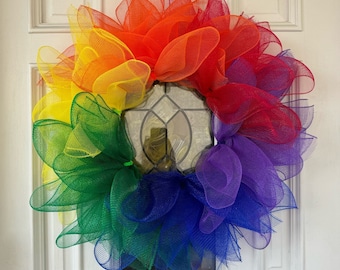 Rainbow Flower LGBTQ Pride Month Mesh Ribbon Wreath Front Door Hanger, Hanging Wall Art, Party Home or Office Decor
