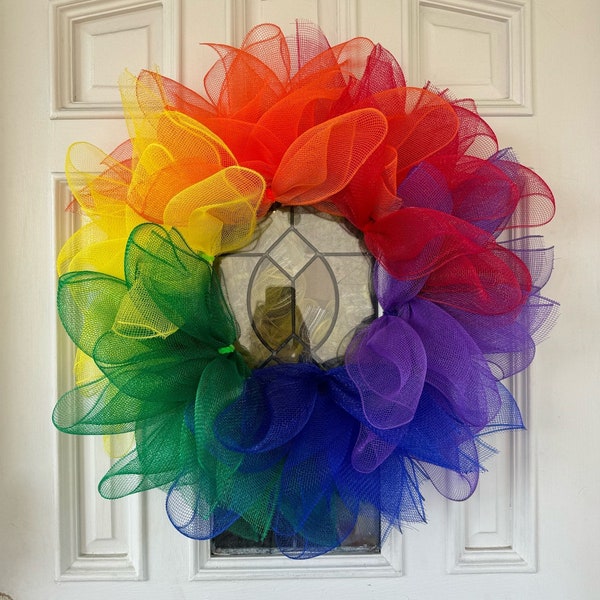 Rainbow Flower LGBTQ Pride Month Mesh Ribbon Wreath Front Door Hanger, Hanging Wall Art, Party Home or Office Decor