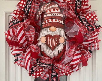 Love Gnome Valentines Day Wreath, Heart Ribbon Front Door Hanger, Mesh Valentine Home Decor, Gnome Lover Gift Idea for Her