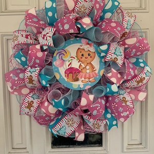 Gingerbread Girl Candy Christmas Wreath | Pink and Blue Holiday Wreath | Sweet Treats Gingerbread Wreath | Whimsical Christmas Door Decor