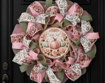 Ghirlanda autunnale – Ghirlanda di zucca rosa e verde salvia – Decorazione per porta autunnale in stile shabby chic – Ghirlanda floreale in rete – Ghirlanda autunnale femminile
