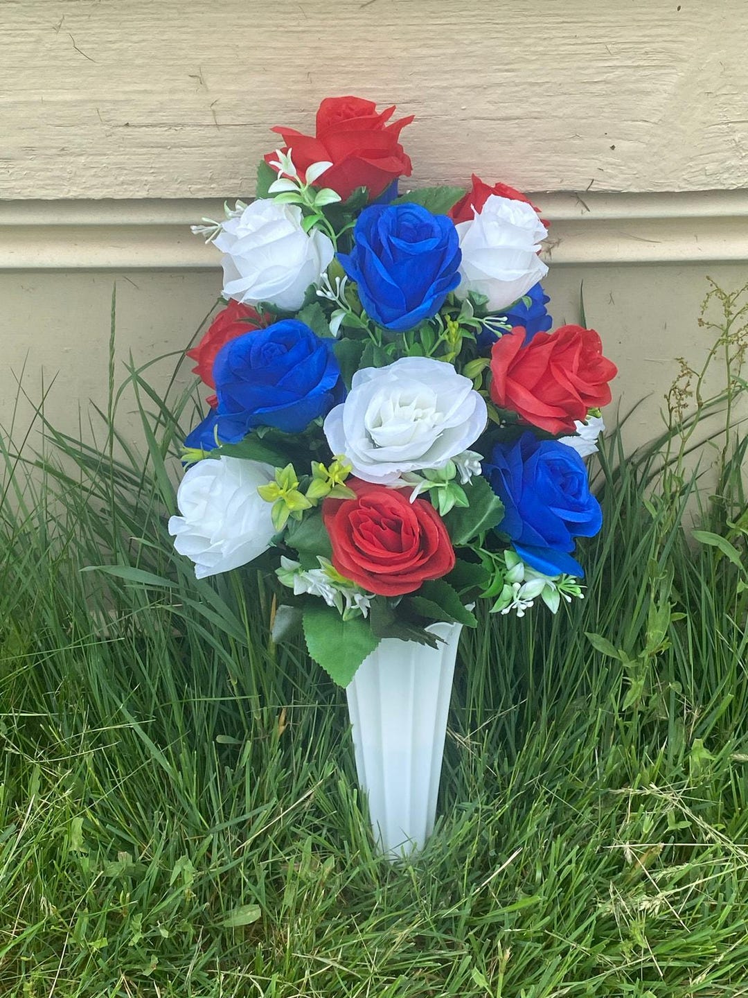Patriotic Cemetery Flower Arrangement | Red White Blue Grave Vase ...