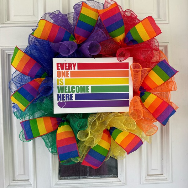 Everyone is Welcome Here Wreath, Rainbow Pride Flag, LGBTQ Sign, Pride Mesh Ribbon Wreath, Pride Door Hanger, Every Day Wreath