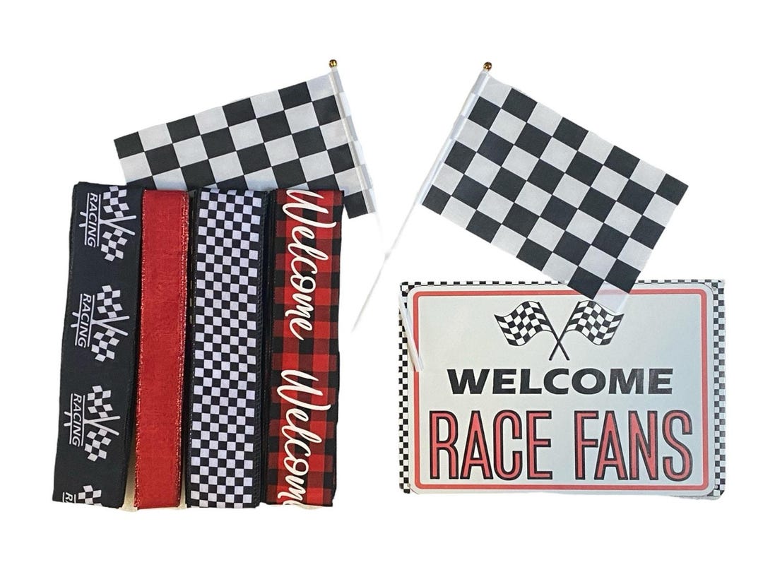 Race Car Wreath Kit With Welcome Race Fans Sign, Checkered Flag Ribbons ...