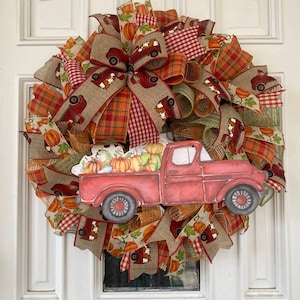 Red Pumpkin Farm Truck Farmhouse Deco Mesh Ribbon Fall Autumn Wreath