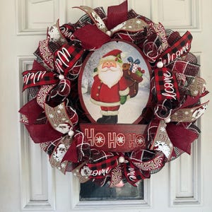 Buffalo Check Pine Greenery Holly Berries Santa Claus Deco Mesh Ribbon Christmas Wreath Seasonal Front Door Hanger Holiday Decoration