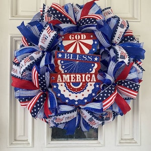 God Bless America Patriotic Wreath, USA America Bunting Sign Mesh Ribbon Front Door Hanger, Home Office Party Porch Decor, Hanging Wall Art
