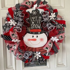 Let it Snow Snowflake Snowman Deco Mesh Ribbon Christmas Winter Wreath Front Door Hanger Seasonal Holiday Decor, Gift Idea for Her