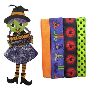 Halloween Witch Wreath Kit - Welcome My Pretties Sign and Ribbons - DIY Halloween Craft Bundle - Festive Home Decor