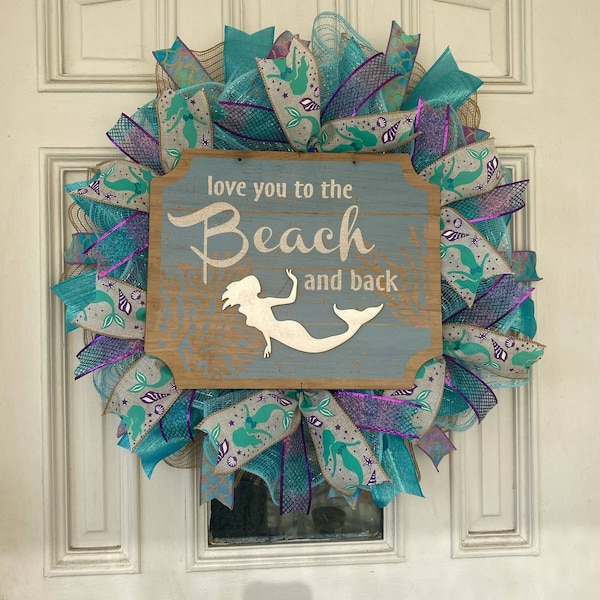 Mermaid Wreath, Welcome to the Beach Mesh Ribbon Wreath Door Hanger Home Decor