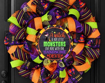 Corona de bruja de Halloween, corona divertida de Halloween, decoración de puerta de bruja, corona colorida de Halloween para la puerta principal, corona de malla decorativa hecha a mano