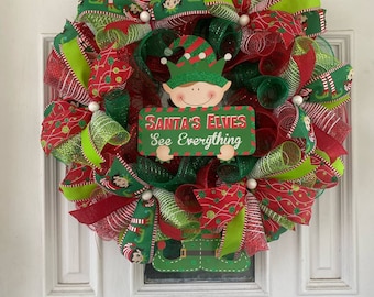 Santas Elves See Everything Candy Cane Elf Deco Mesh Ribbon Christmas Wreath Door Hanger Wall Decor