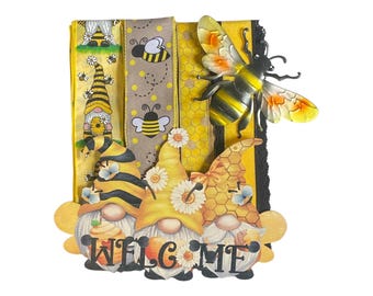 Kit de corona de gnomo abeja Letrero de bienvenida Decoración de abeja Decoración de gnomo Paquete de cintas Kit de corona estilo granja Kit de corona de verano DIY Decoración de puerta principal