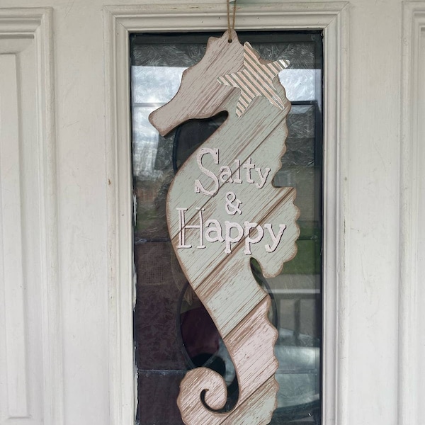 Salty & Happy Seahorse Dign, Coastal Beach House Wreath Attachment, Wall Art Hanging, Door Hanger