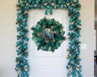Peacock Wreath Teal Gold - Elegant Handmade Door Decor, Year-Round Front Door Wreath, Luxury Home Decoration, Peacock Feather Design