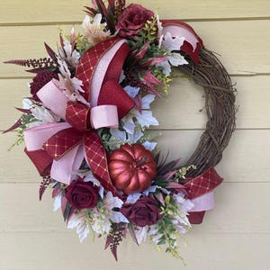 Burgundy & Blush Fall Grapevine Wreath, Elegant Autumn Door Decor with Roses and Pumpkin, Rustic Thanksgiving Front Porch Accent
