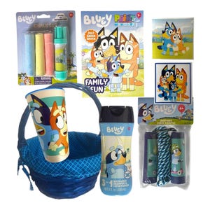 Bluey Gift Basket for Kids – Chalk, Jump Rope, Cup, Bath Set & Paint Activity Book – Easter, Birthday or Just Because Toddler Gift