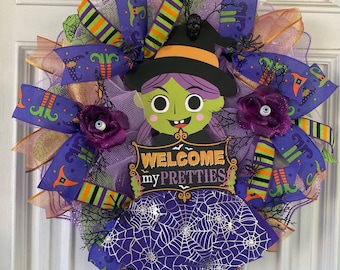 Halloween Witch Wreath | Welcome My Pretties Door Décor | Purple Mesh Wreath w/ Witch Sign, Ribbons & Spooky Accents, Fall Front Door Hanger