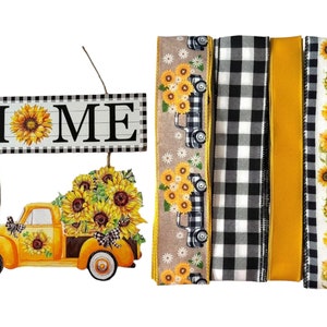 Bundel gele zonnebloem vrachtwagen lint en bord, doe-het-zelf buffelgeruit huis herfstkrans maken leveringspakketdoos, doe-het-zelf zomer knutselspullen