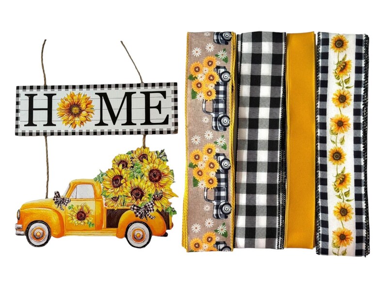 Zonnebloemkrans voor vrachtwagen | Herfstkrans voor thuis | Zelfgemaakte boerderijkrans | Zonnebloemdecoratie met buffelruitpatroon | Herfstknutselpakket Sign & Ribbon Bundle