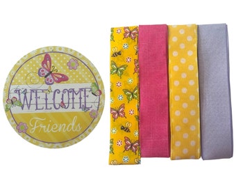 Vlinderkrans Kit Welkom Vrienden Teken, Lente Zomer Krans Kit, Geel Roze Paars Deur Decor, Bloemen Lint Bundel DIY Kit