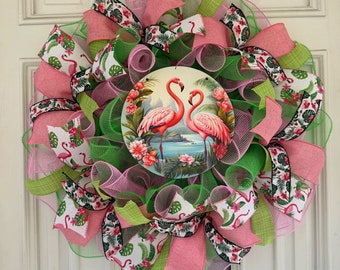 Pink Flamingo Deco Mesh Ribbon Tropical Spring & Summer Wreath Front Door Hanger Home Decor