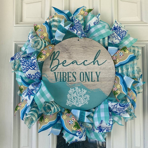 Beach Vibes Only Wreath, Blue Beige Seaside Wreath, Coastal Door Hanger, Coral Deco Mesh & Ribbon Wreath, Summer Porch Decor, Wall Art