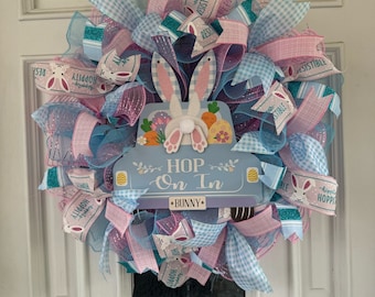 Handcrafted &quot;Hop On In&quot; Bunny Truck Easter Wreath, Pastel Spring Home Decor, Whimsical Wall Accent, Front Door Hanger, Indoor Outdoor, First