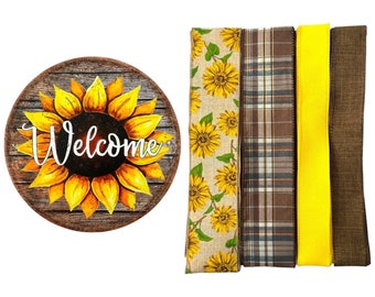 Welcome Sunflower Sign & Ribbon Bundle Set, DIY Summer and Fall Wreath Making Supply Kit Box, Do it Yourself Craft, Home Decor Project