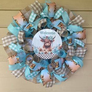 Highland Cow Welcome Wreath – Rustic Farmhouse Fall Door Hanger - Teal and Beige Buffalo Check Front Door Decor - Everyday Home Decor