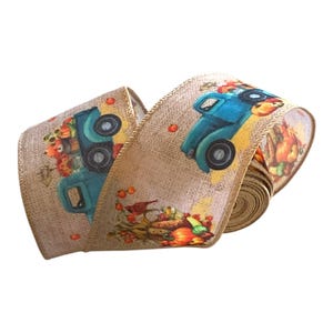 Fall Burlap Pumpkin Truck Ribbon 2.5” | Rustic Wired Ribbon for Wreaths, Bows, Garlands | Farmhouse Autumn & Thanksgiving Craft Supplies