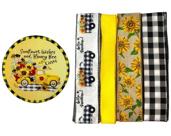 Sunflower Wishes and Honey Bee Kisses Truck Sign & Ribbon Bundle, DIY Summer Wreath Making Supply Kit Box, Do it Yourself Fall Craft