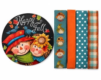 Kit per ghirlanda autunnale color verde acqua, Kit per ghirlanda con spaventapasseri "Happy Fall", Decorazione autunnale per la porta, Set di nastri con cartello spaventapasseri, Kit per ghirlanda autunnale