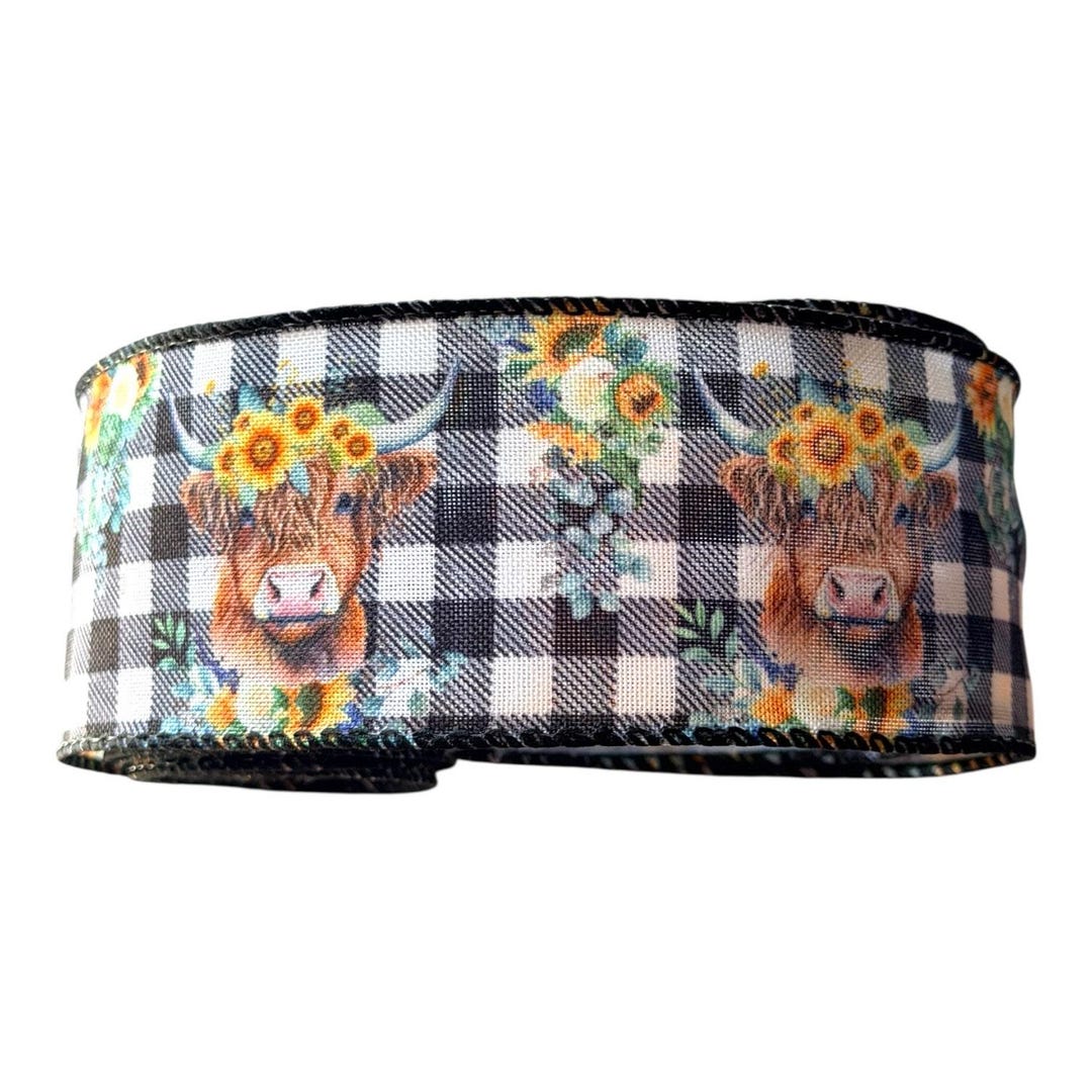 Cow Ribbon Ramo Highland Cow Buffalo Plaid Ribbon, 2.5” Sunflower Cow Wired Ribbon ...